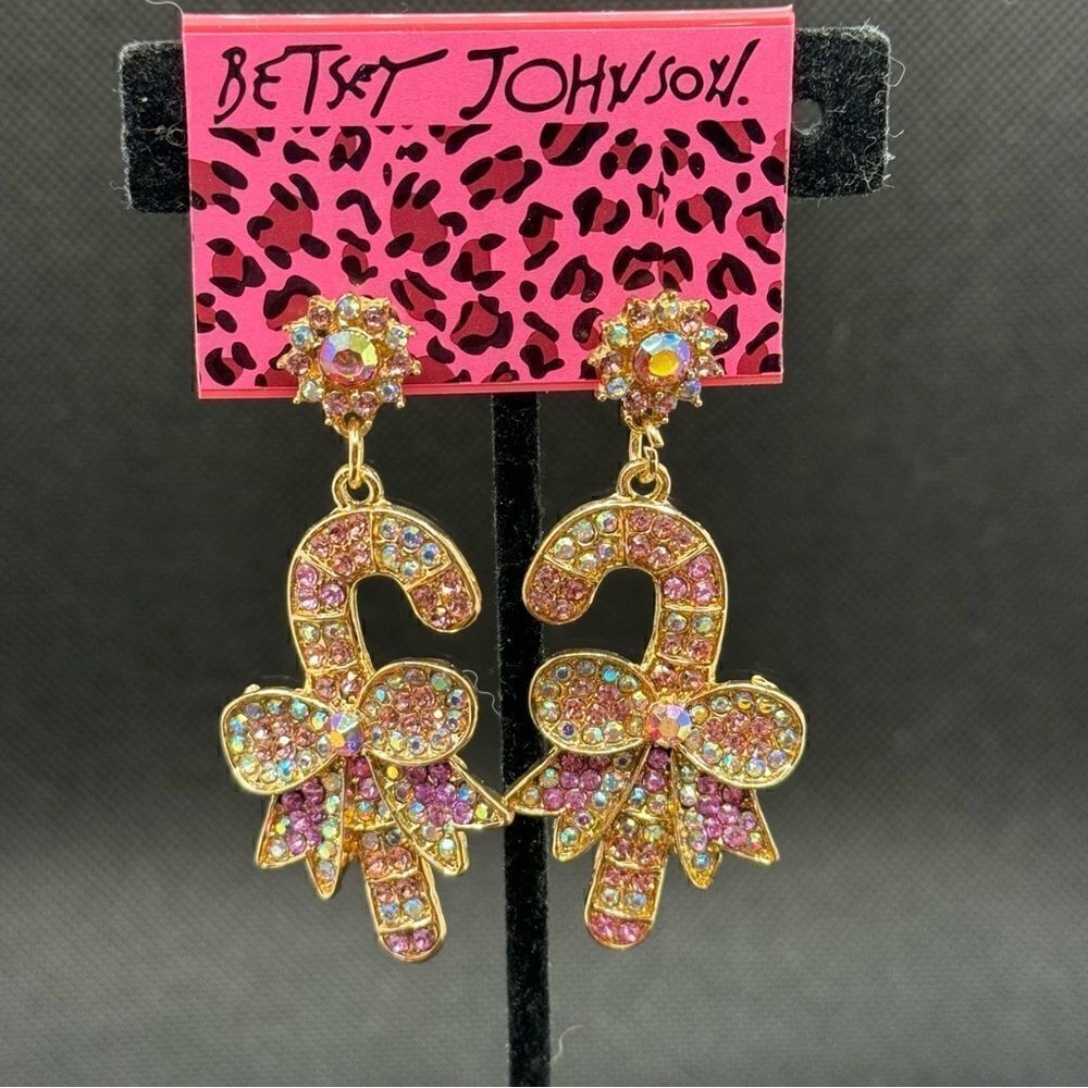 EARRINGS! Betsey Johnson Candy Cane Earrings BNWT AB Crystals Pink &Gold